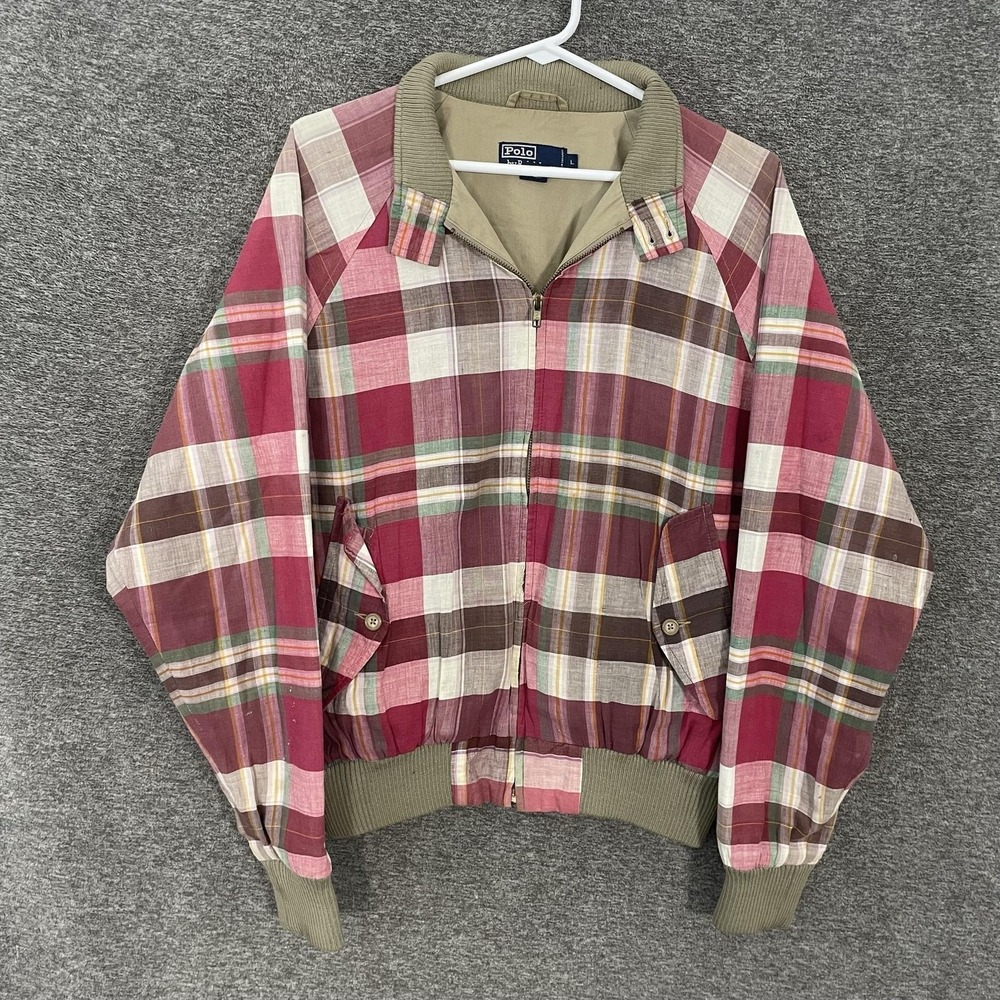 Vintage Polo Ralph Lauren Jacket Mens Large Red Plaid Madras Full Zip Bomber